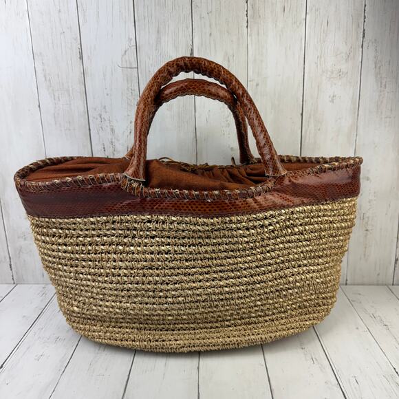 Beirn Handbags - VTG Beirn Brown Cotton Raffia and Leather Trim Shoulder Tote Bag Hand Made